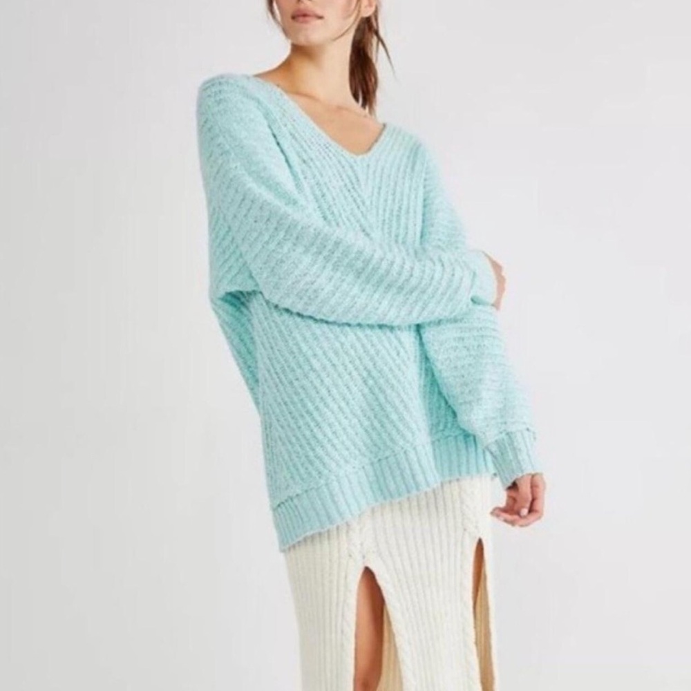 Free People Sunset V-Neck Cotton Sweater Seasky Blu